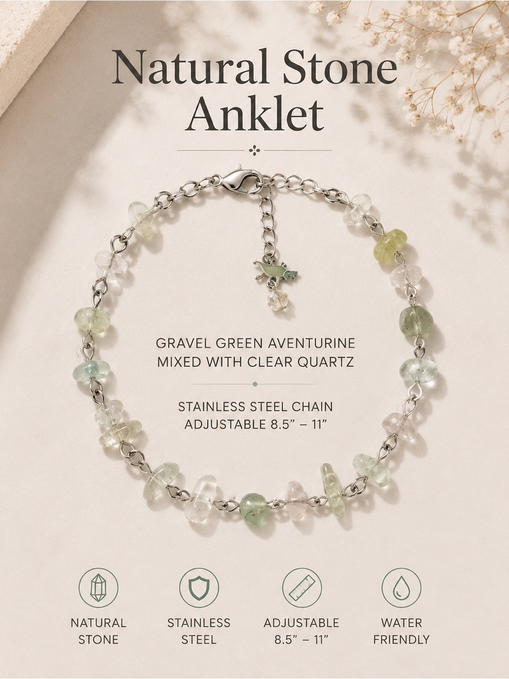 Gravel Green Aventurine and Clear Quartz Anklet — Stainless Steel
